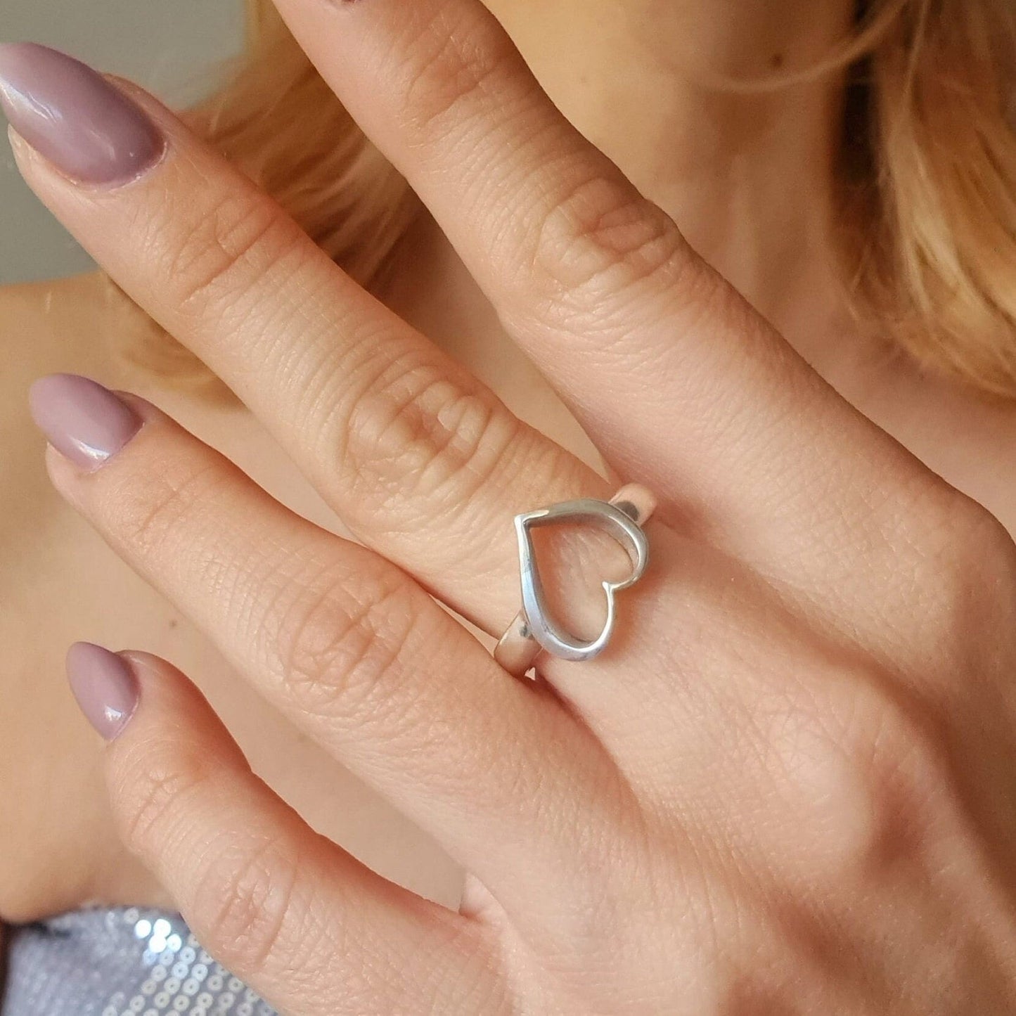 Open Heart Ring Sterling Silver, Minimalist Ring, Geometric