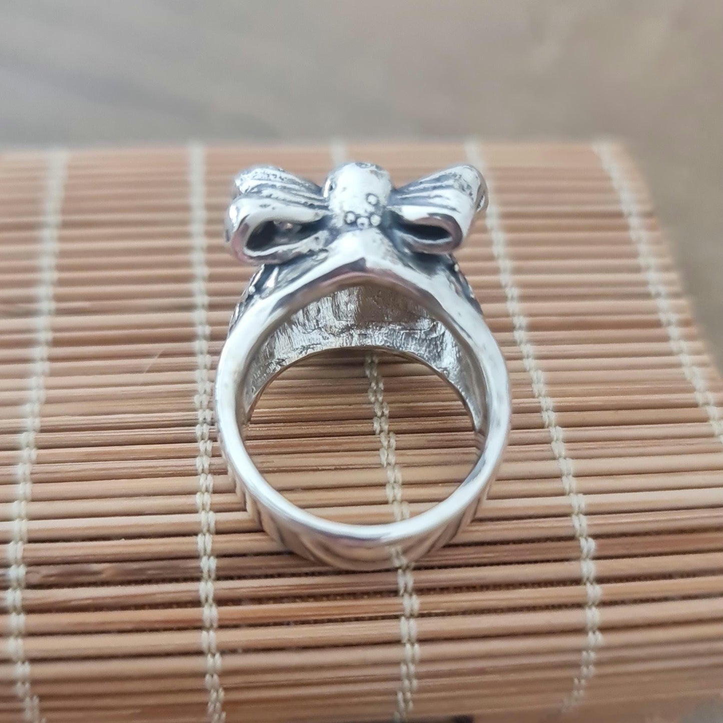 Handmade Sterling Silver Skull Ring with Bow Tie: Gothic Unisex Jewelry