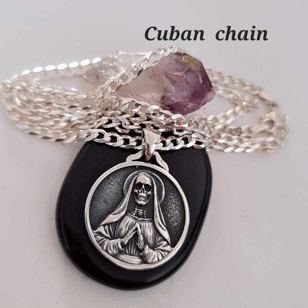 925 Silver Santa Muerte Pendant: Handmade Gothic Necklace