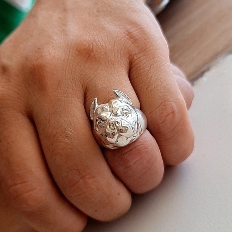 Handmade Sterling Silver American Pit Bull Ring - Dog Lover Gift