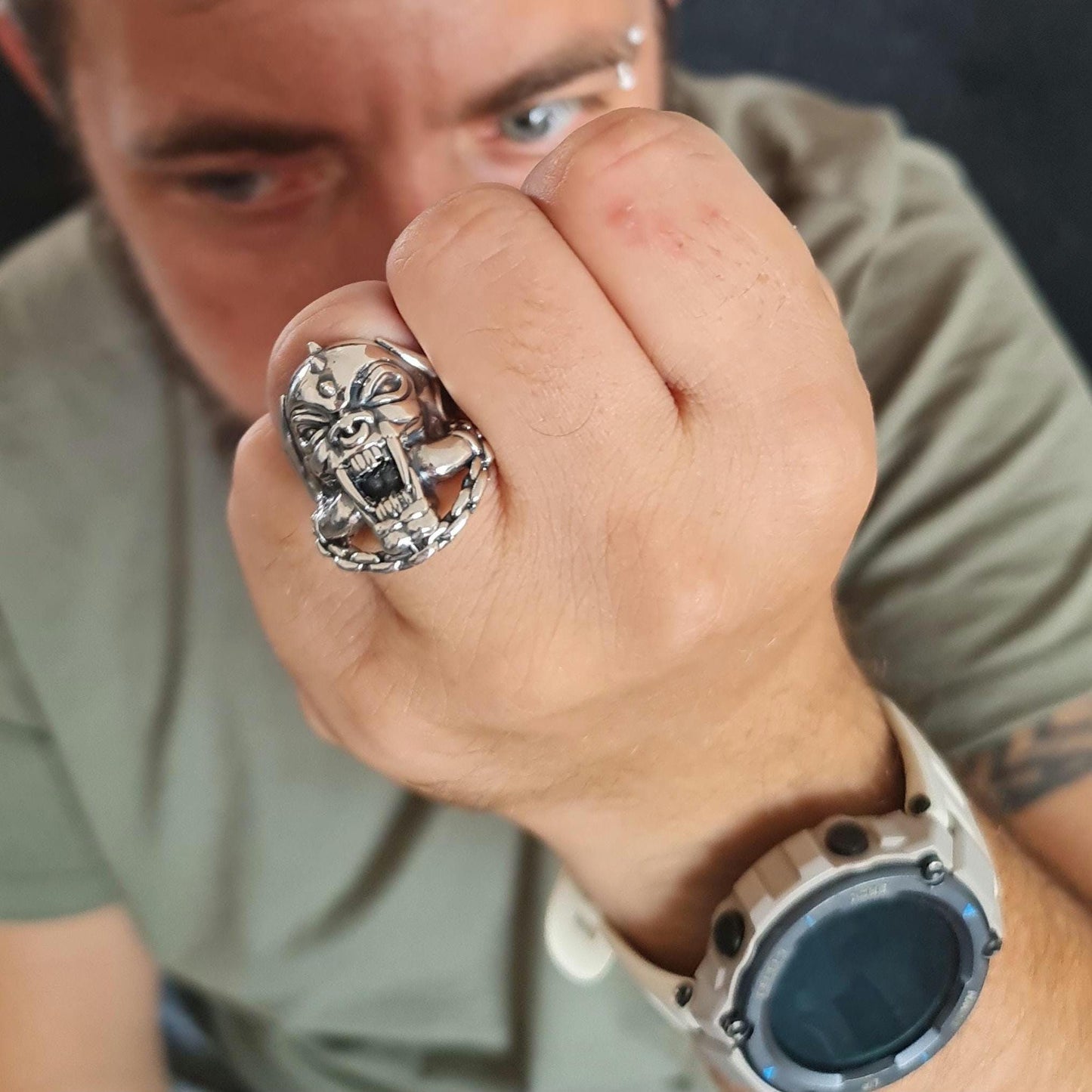 Handmade 925 Silver Motorhead War Pig Ring: Gothic Rockstar Jewelry