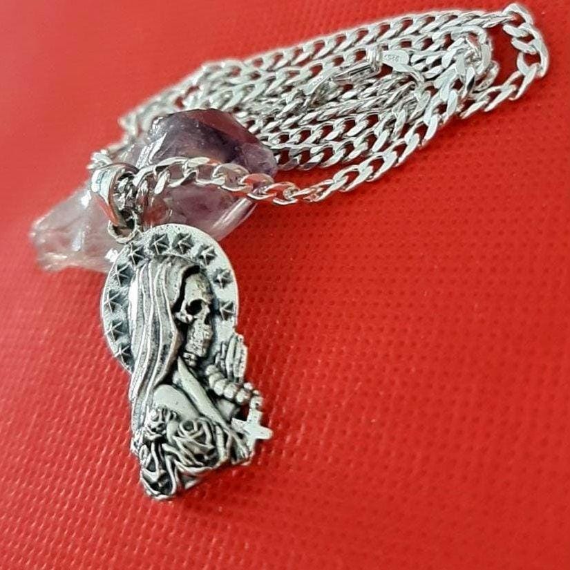 925 Silver Santa Muerte praying Pendant with Roses & A cross Rosary - Holy Death