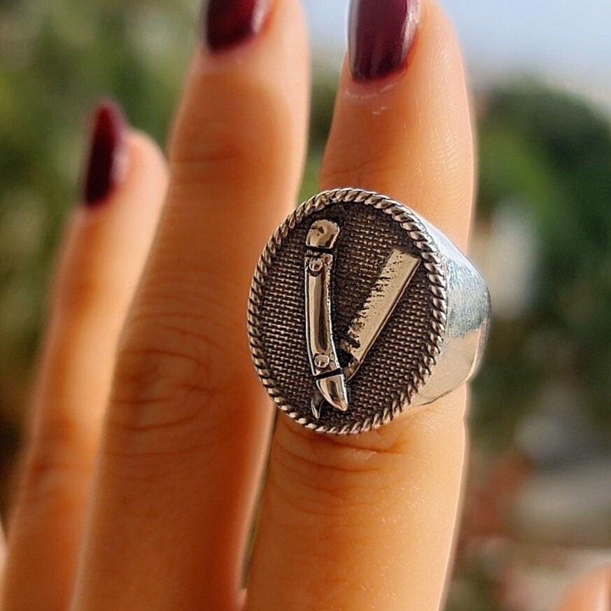 Handmade Sterling Silver Barber Razor Signet Ring - Gothic Style