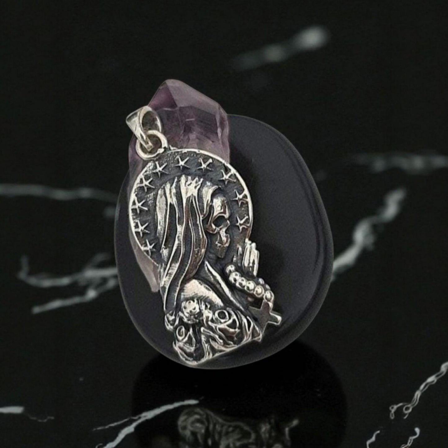 925 Silver Santa Muerte praying Pendant with Roses & A cross Rosary - Holy Death