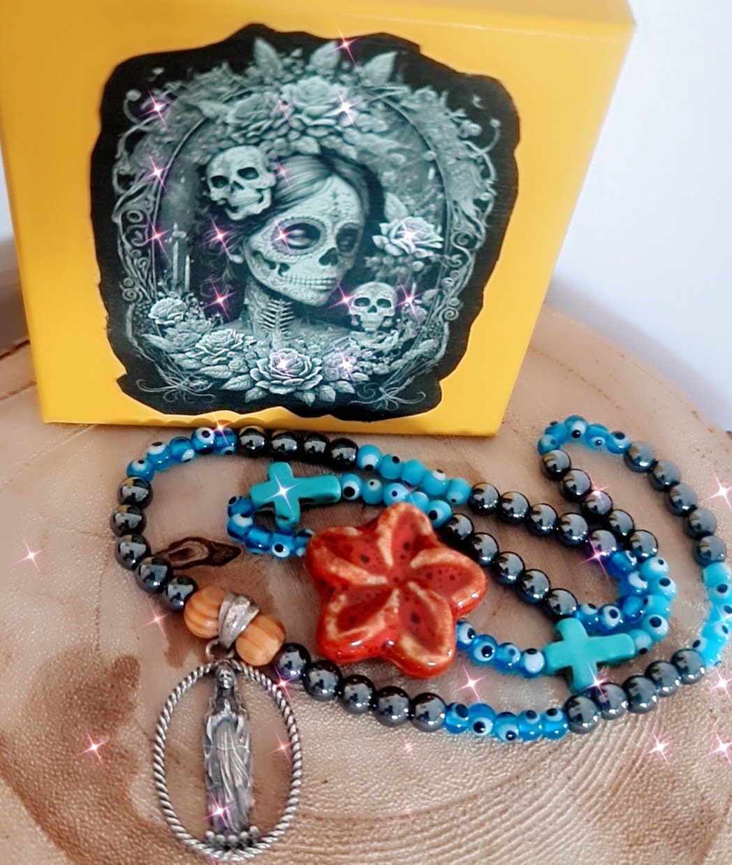 Handmade 925 Silver Santa Muerte Necklace: Gothic Beaded Pendant