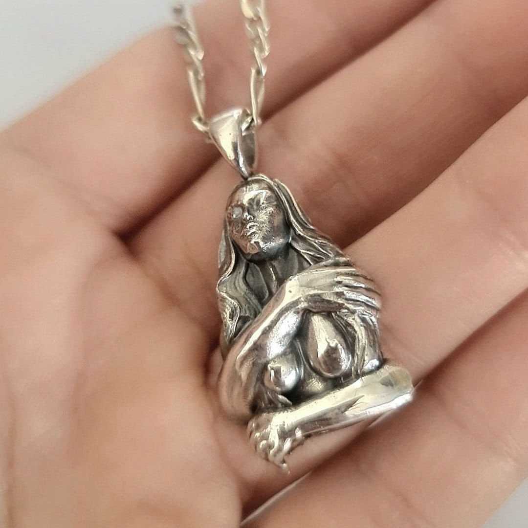 Retro topless godess held by man's arms- Pendant in 925 Sterling Silver -Unique Handcrafted Gift for Her or him