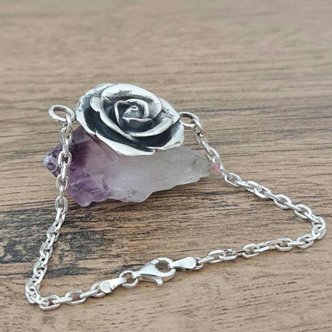Sterling Silver Rose Bracelet: Chunky Elegant Flower Jewelry