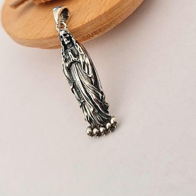 Handmade Santa Muerte Pendant Sterling Silver Gothic Necklace
