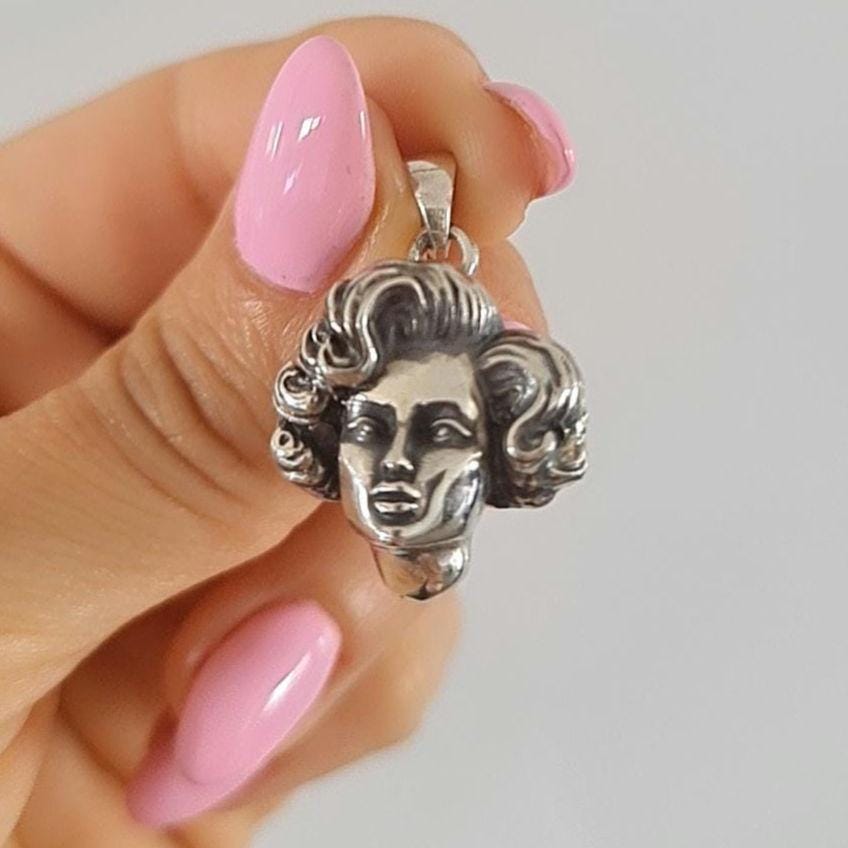 Vintage Sterling Silver Marilyn Monroe Movie Icon Pendant - Handmade 50s Starlet