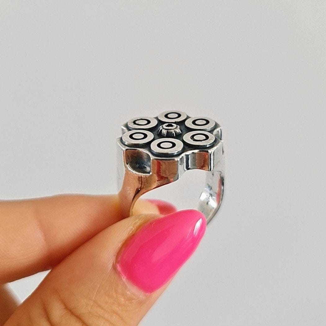 Bullet Revolver Ring - Ammo Signet Ring: Sterling Silver Bullet Casing, Rebel Biker Style, Magnum Revolver Gun Cylinder Ring