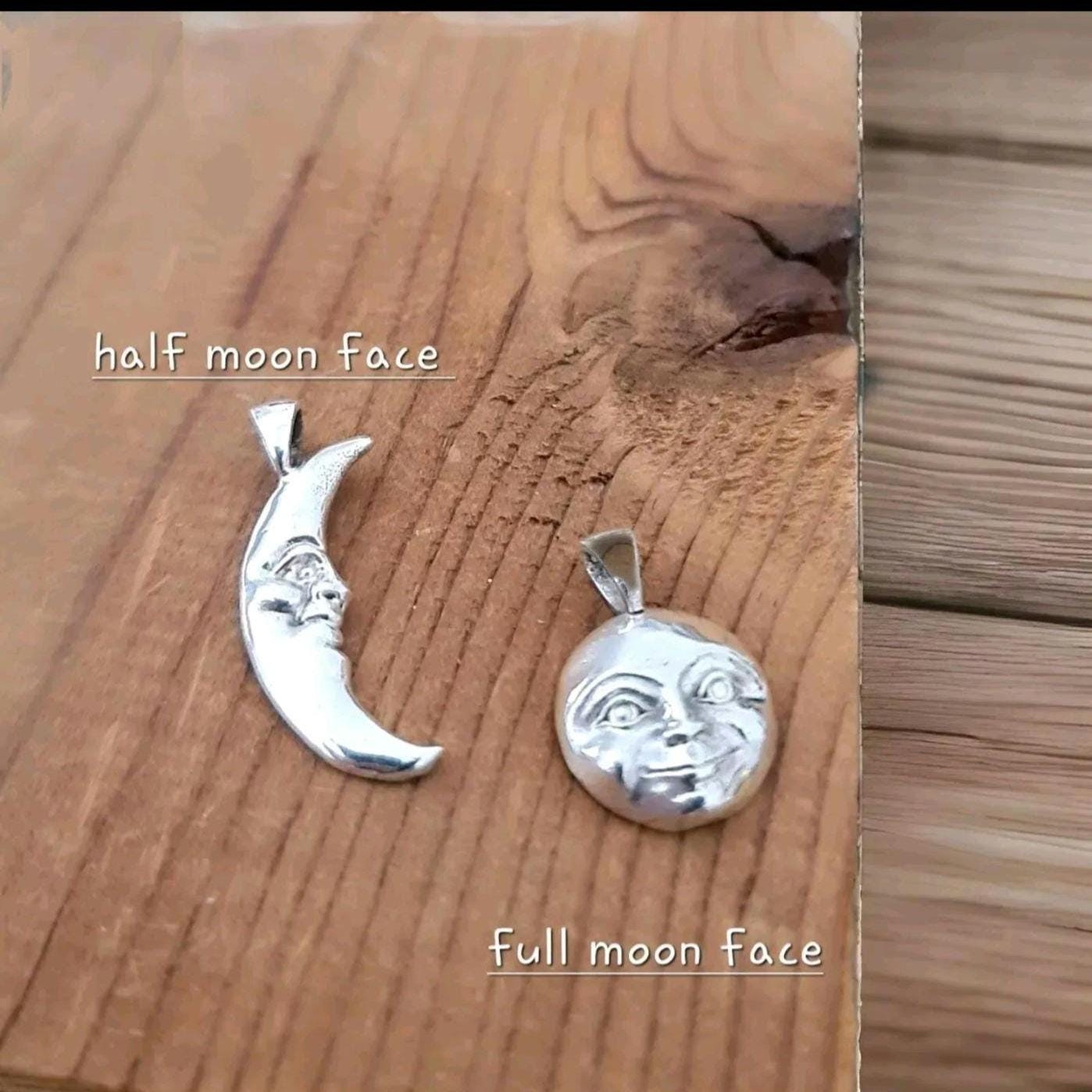 Crescent full Moon Face Pendant in 925 Sterling Silver - Unique Handcrafted solid