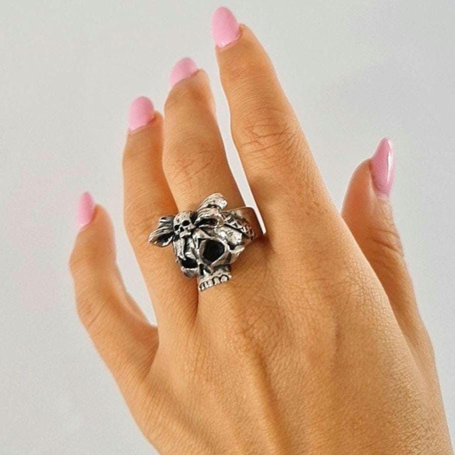 Handmade Sterling Silver Skull Ring with Bow Tie: Gothic Unisex Jewelry