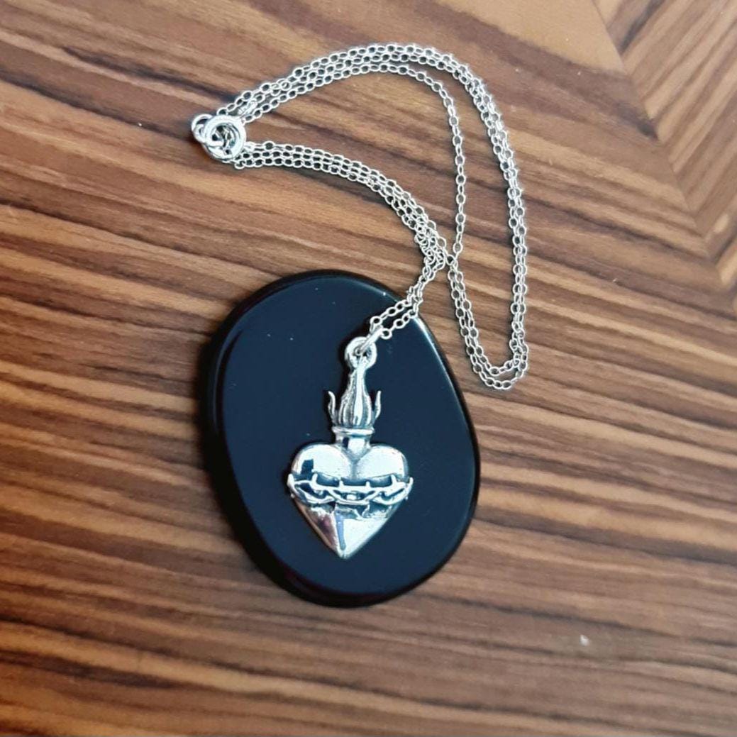 Sterling Silver Sacred Heart Necklace: Flame & Thorns, Catholic Gift