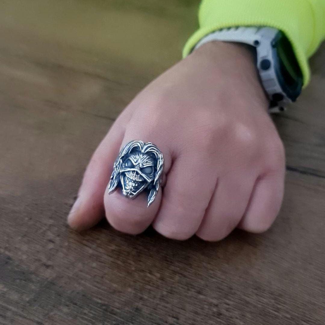 Handmade Sterling Silver Eddie Skull Ring: Biker Rock Pendant