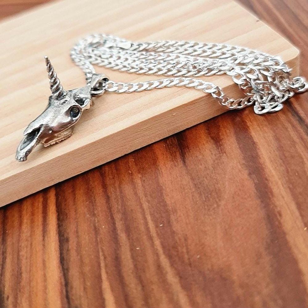 Unicorn Skull Pendant – Sterling Silver – Mythical Skeleton Jewelry – Enchanted Animal – Gothic Fantasy Gift