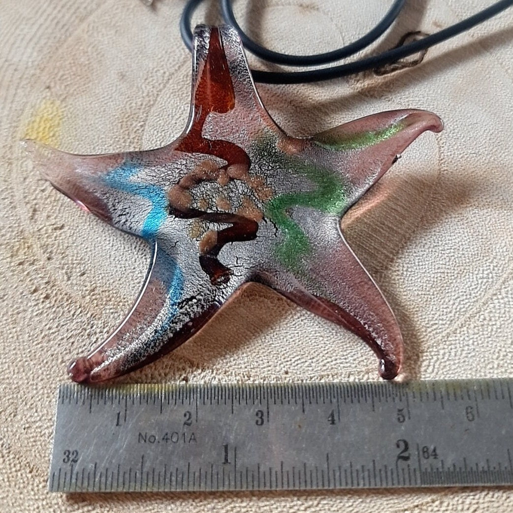 Oversized Murano Glass Starfish Pendant Necklace: Millefiori Glass