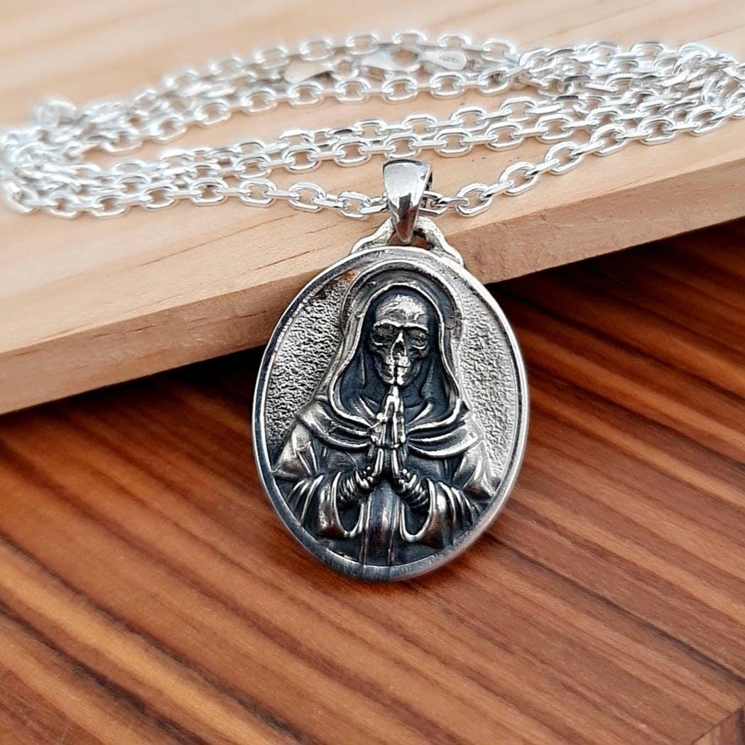 925 Silver Santa Muerte Pendant: Gothic Praying Skull Necklace