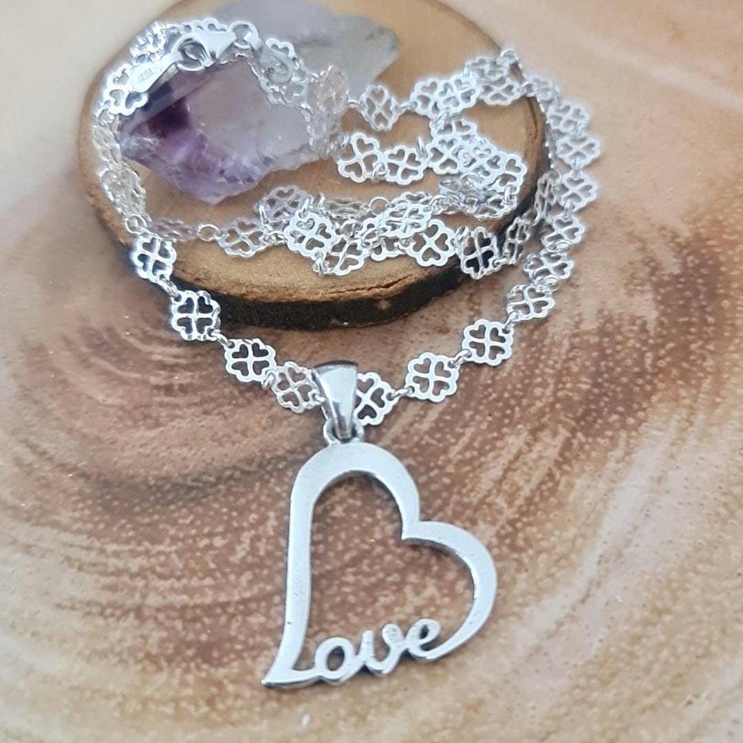 Handmade Sterling Silver Love Heart Necklace - Floral Chain
