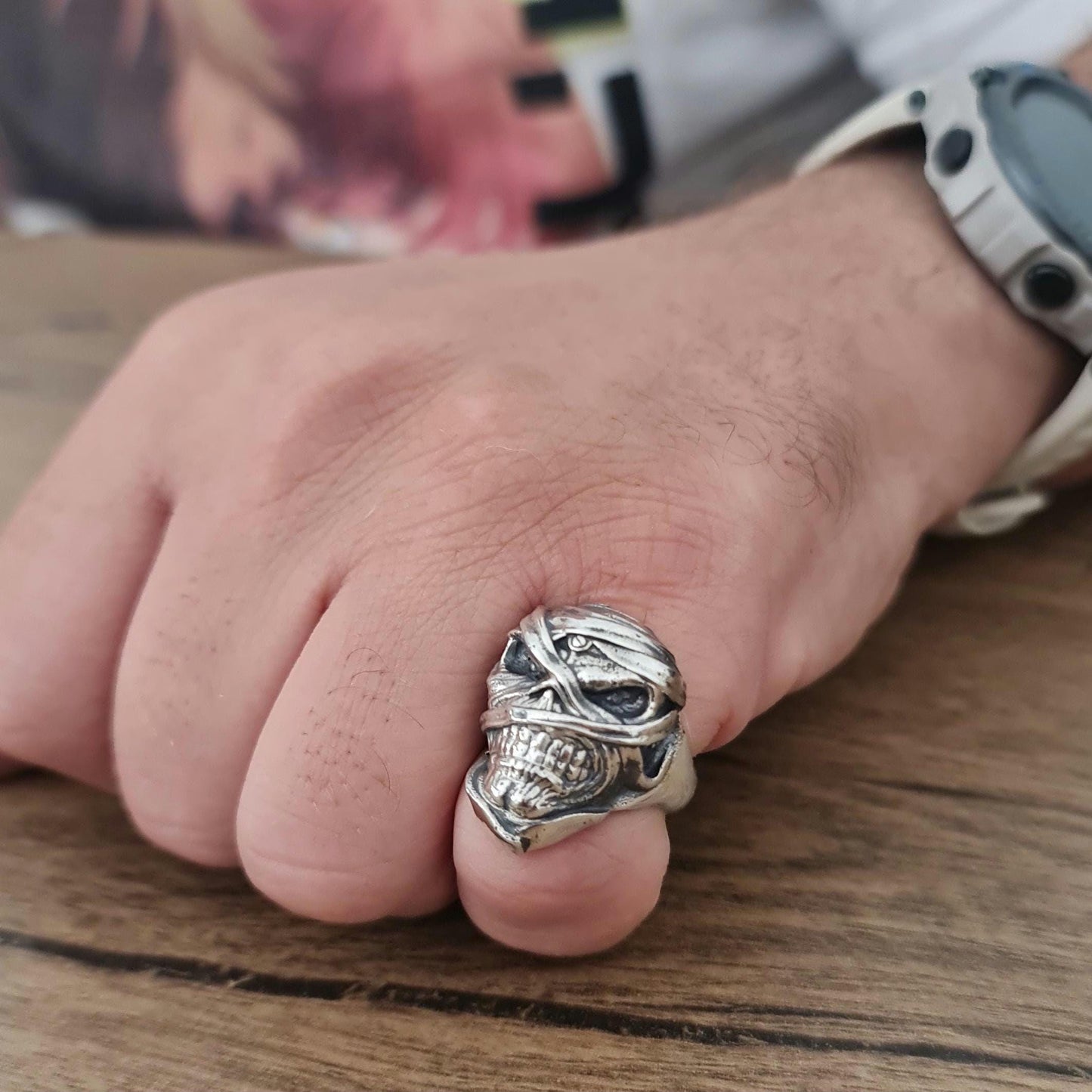 Eddie Mummy Skull Ring – Egyptian Rock Jewelry – Unique Heavy Metal Statement Handmade Sterling Silver