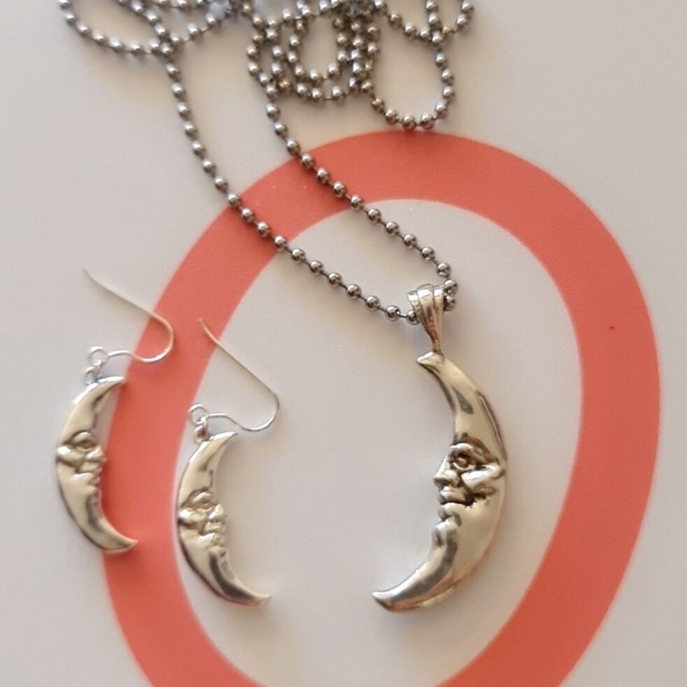 Crescent Moon Face Pendant 925 Sterling Silver - Unique Handcrafted