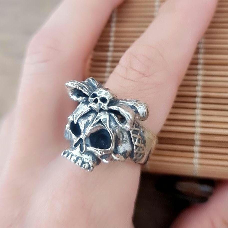 Handmade Sterling Silver Skull Ring with Bow Tie: Gothic Unisex Jewelry