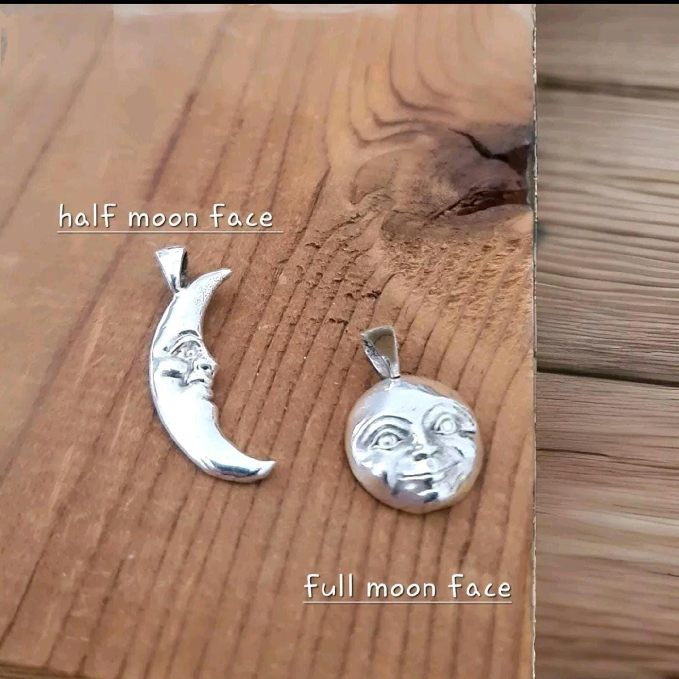 Crescent half Moon Face Pendant in 925 Sterling Silver - Unique Handcrafted