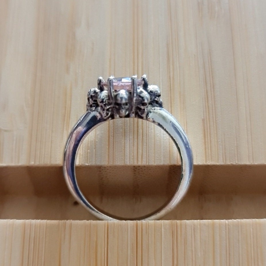 Handmade Gothic Skull Sterling Silver Solitaire Ring with Zircon