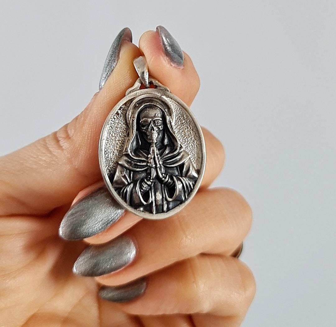 925 Silver Santa Muerte Pendant: Gothic Praying Skull Necklace