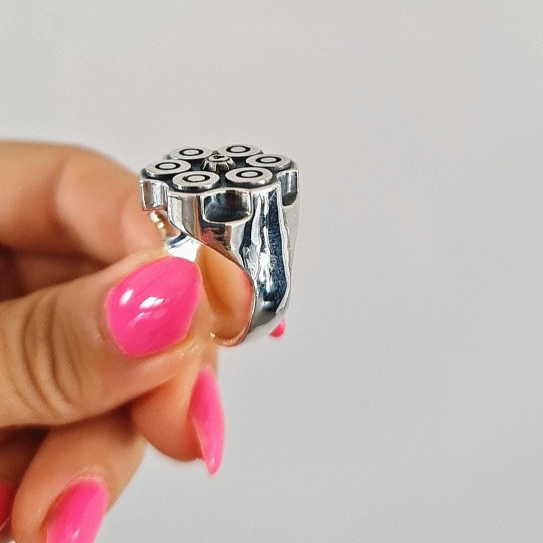 Bullet Revolver Ring - Ammo Signet Ring: Sterling Silver Bullet Casing, Rebel Biker Style, Magnum Revolver Gun Cylinder Ring