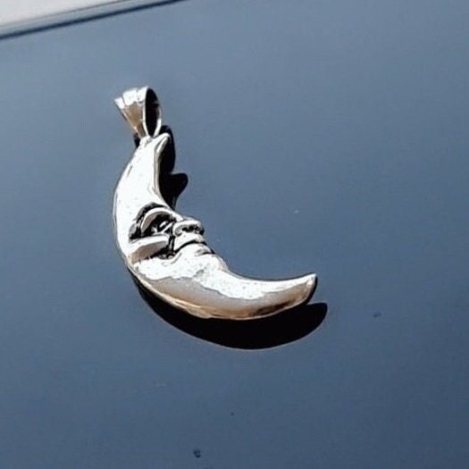 Crescent Moon Face Pendant 925 Sterling Silver - Unique Handcrafted