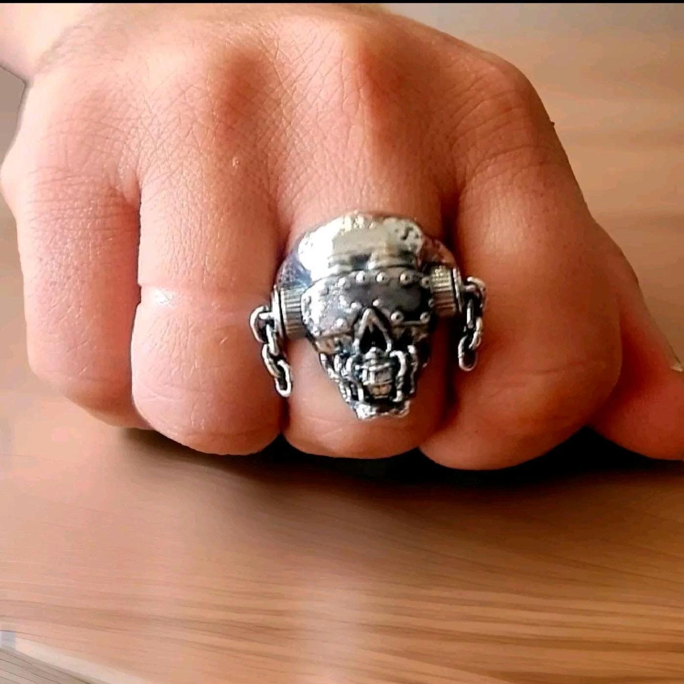 Handmade Sterling Silver Vic Rattlehead Skull Ring - Heavy Metal Biker Jewelry