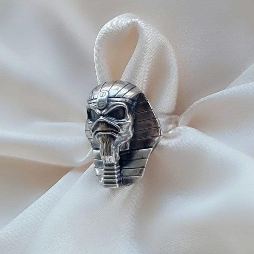Handmade Sterling Silver Iron Maiden Powerslave Pharaoh King Skull Ring: Gothic Biker Jewelry