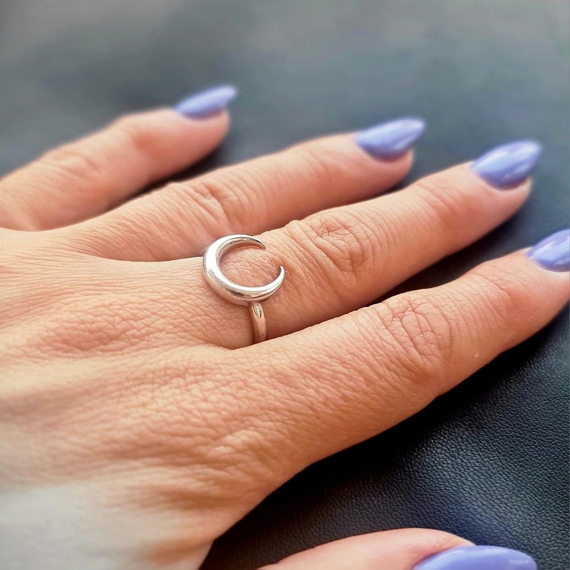 Half Moon Ring , Double Horn , Crescent moon minimalist design Handmade 925 Sterling Silver