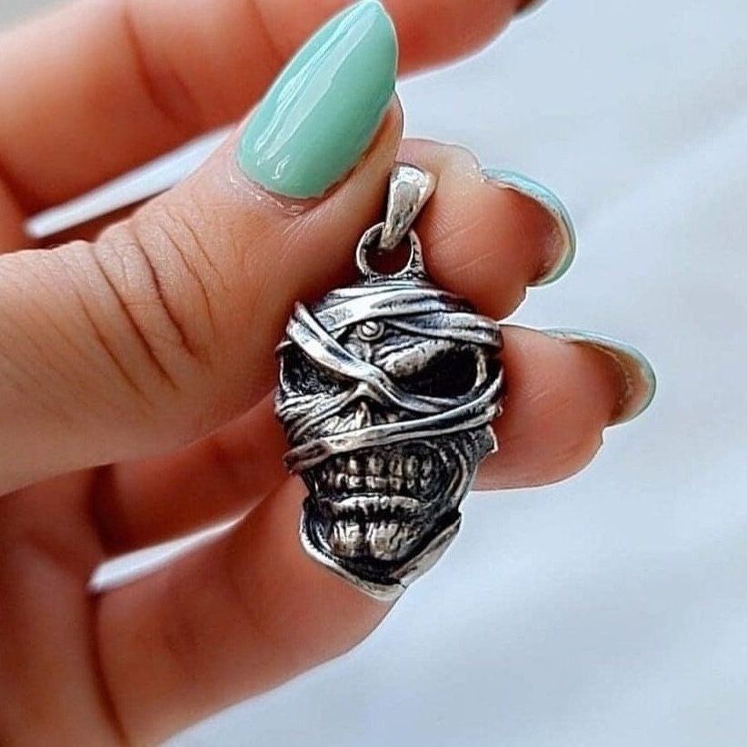 Handmade Sterling Silver Mummy Skull Pendant: Rocker Jewelry