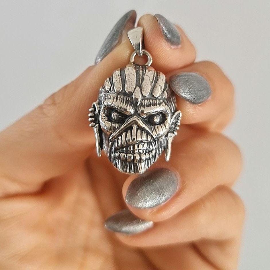 Handmade Sterling Silver Eddie Mayan Warrior Skull Pendant -Rock Heavy metal jewelry