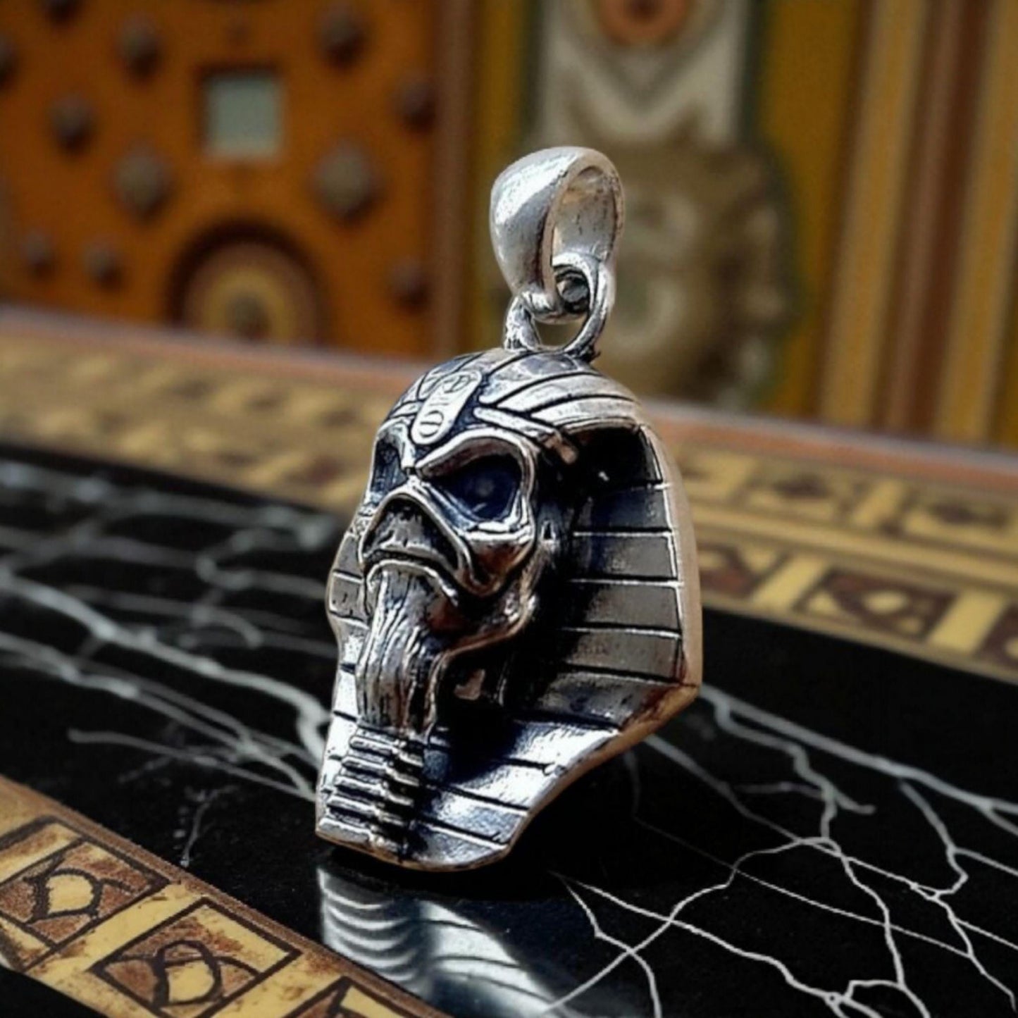 Eddie Pharaoh King Skull Pendant- Egyptian -Rock Heavy metal- Sterling Silver