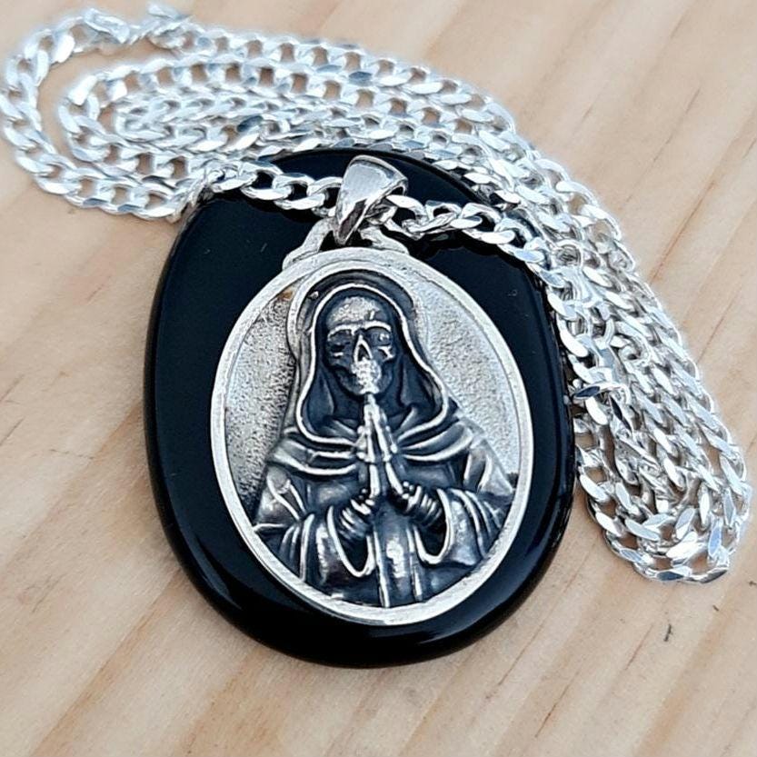 925 Silver Santa Muerte Pendant: Gothic Praying Skull Necklace