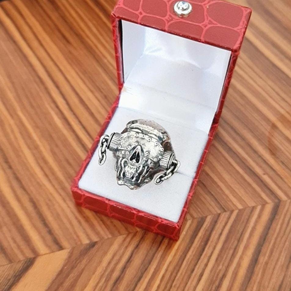 Handmade Sterling Silver Vic Rattlehead Skull Ring - Heavy Metal Biker Jewelry