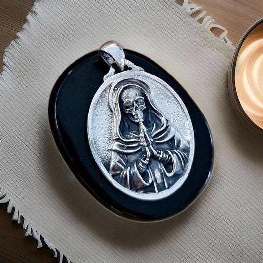 925 Silver Santa Muerte Pendant: Gothic Praying Skull Necklace