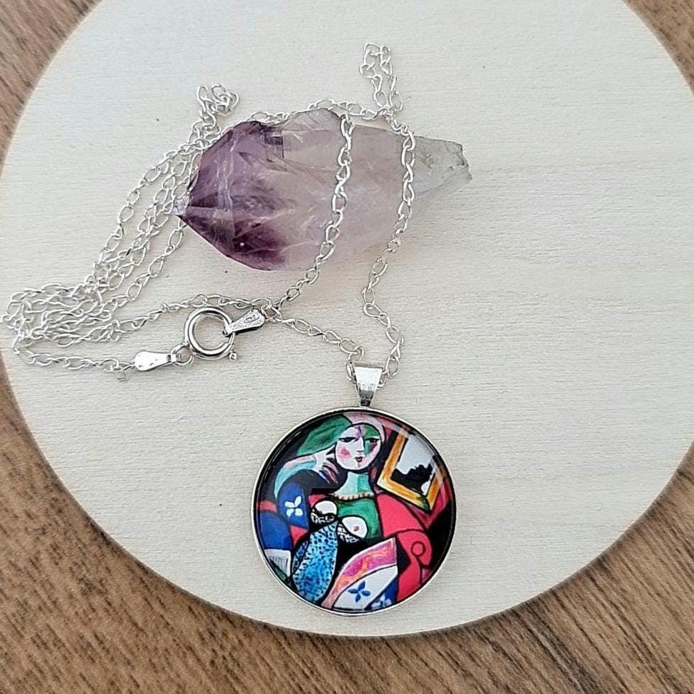 Picasso Art Nouveau Cabochon Necklace: 925 Sterling Silver Pendant