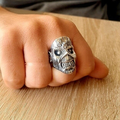Handmade Sterling Silver Eddie Skull Ring - Biker Punk Rock