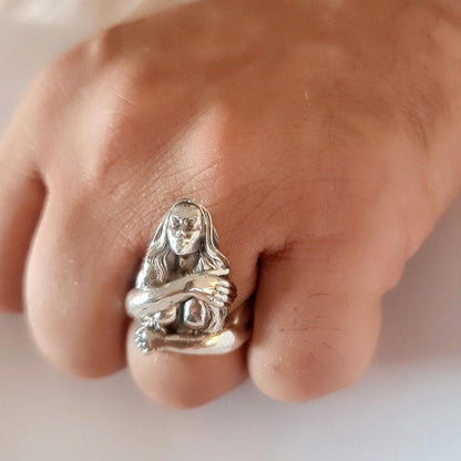 Handmade Sterling Silver Goddess Ring: Gothic Retro Statement Jewelry