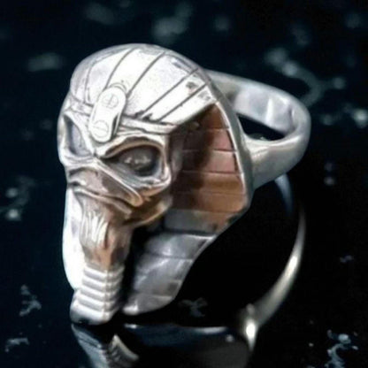 Handmade Sterling Silver Iron Maiden Powerslave Pharaoh King Skull Ring: Gothic Biker Jewelry