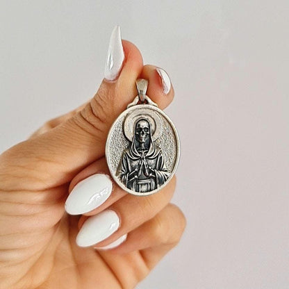 925 Silver Santa Muerte Pendant: Gothic Praying Skull Necklace