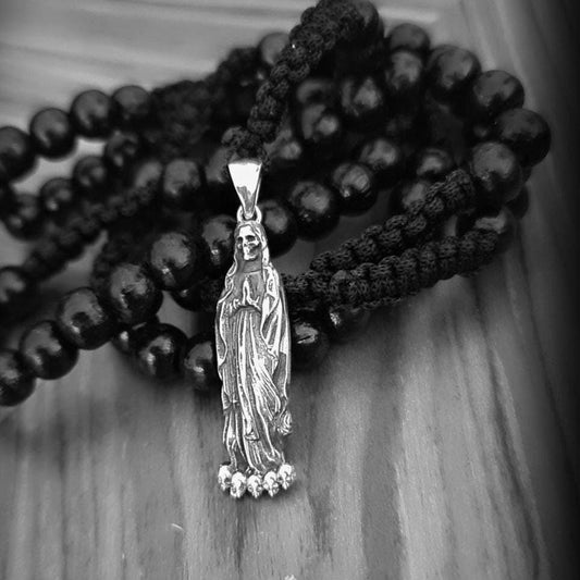 Handmade 925 Silver Santa Muerte Rosary Necklace: Gothic Grim Reaper