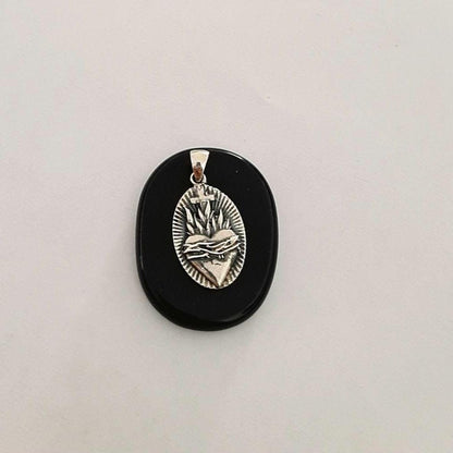 Sterling Silver Sacred Heart Pendant with Flames and Cross – Catholic Christian Necklace