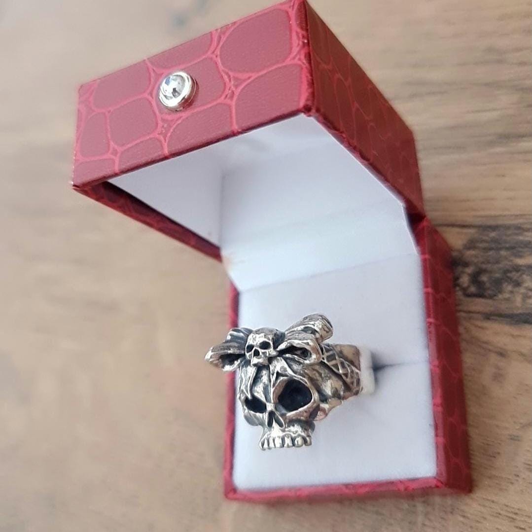 Handmade Sterling Silver Skull Ring with Bow Tie: Gothic Unisex Jewelry