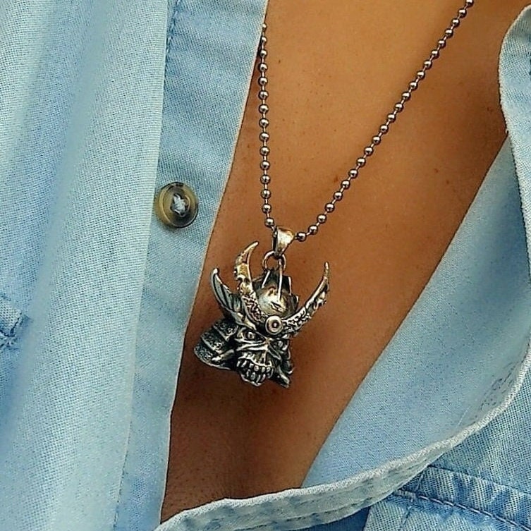 Handmade Sterling Silver Iron Maiden Senjutsu - Samurai Skull Pendant: Rocker Biker Jewelry