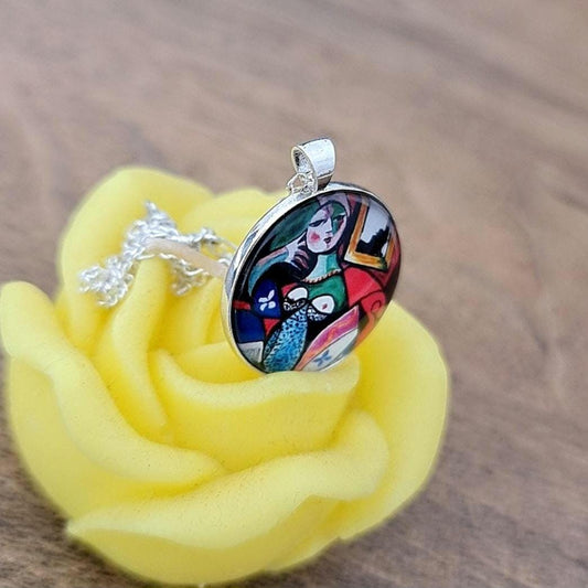 Picasso Art Nouveau Cabochon Necklace: 925 Sterling Silver Pendant