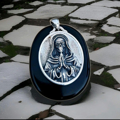 925 Silver Santa Muerte Pendant: Gothic Praying Skull Necklace